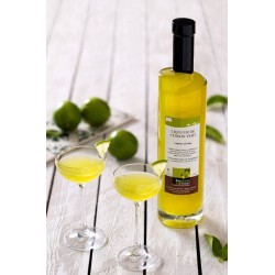 une bouteille de Limoncello au citron vert avec deux verres remplis de liqueur